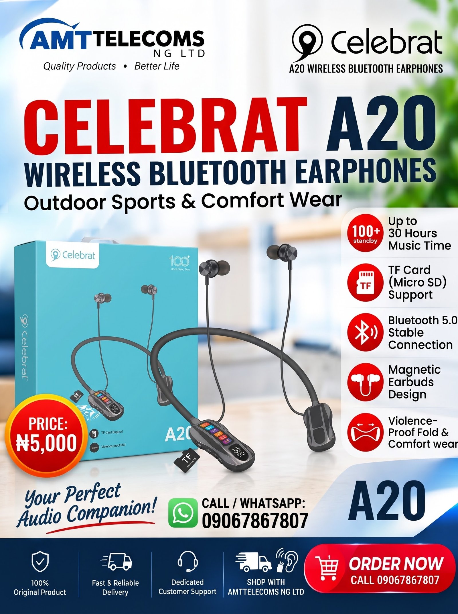 Celebrat A20 Wireless Bluetooth Neckband Earphones (TF Card Support)