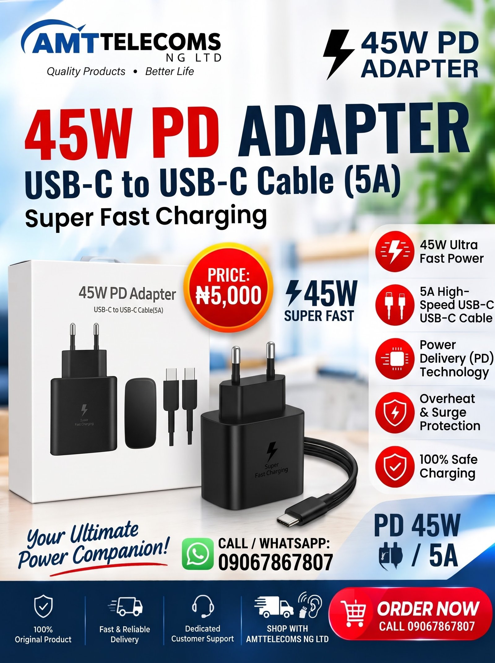 45W PD Adapter with USB-C to USB-C Cable (5A)