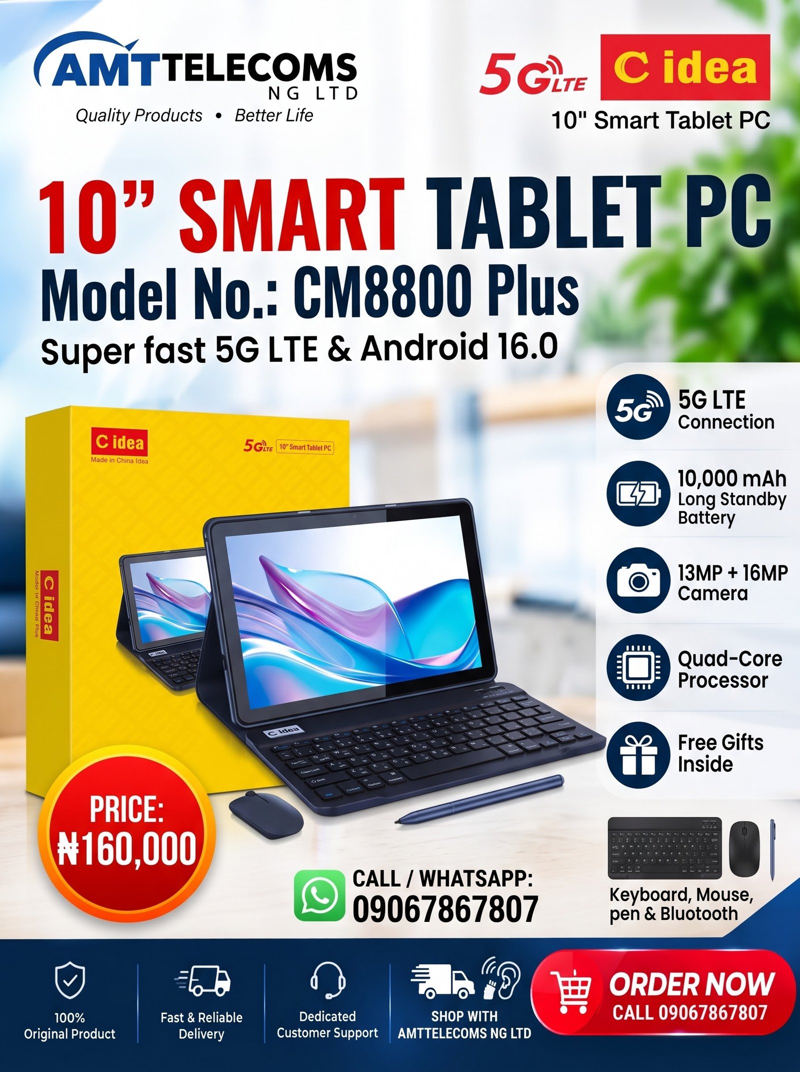 C idea CM8800 Plus 10" Smart Tablet PC (5G LTE, 10,000mAh, with Keyboard & Free Gifts)